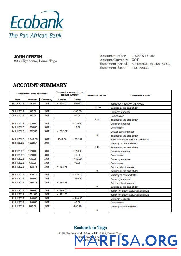 Printable Togo Ecobank bank statement word template